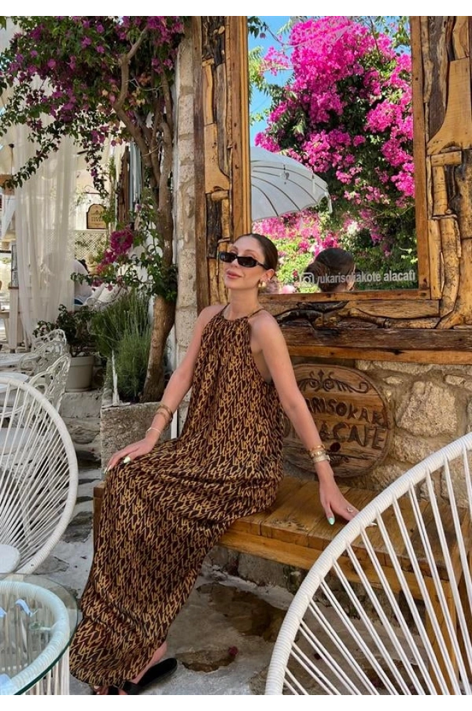 Kahve Tasarım Desenli Astarlı Elbise