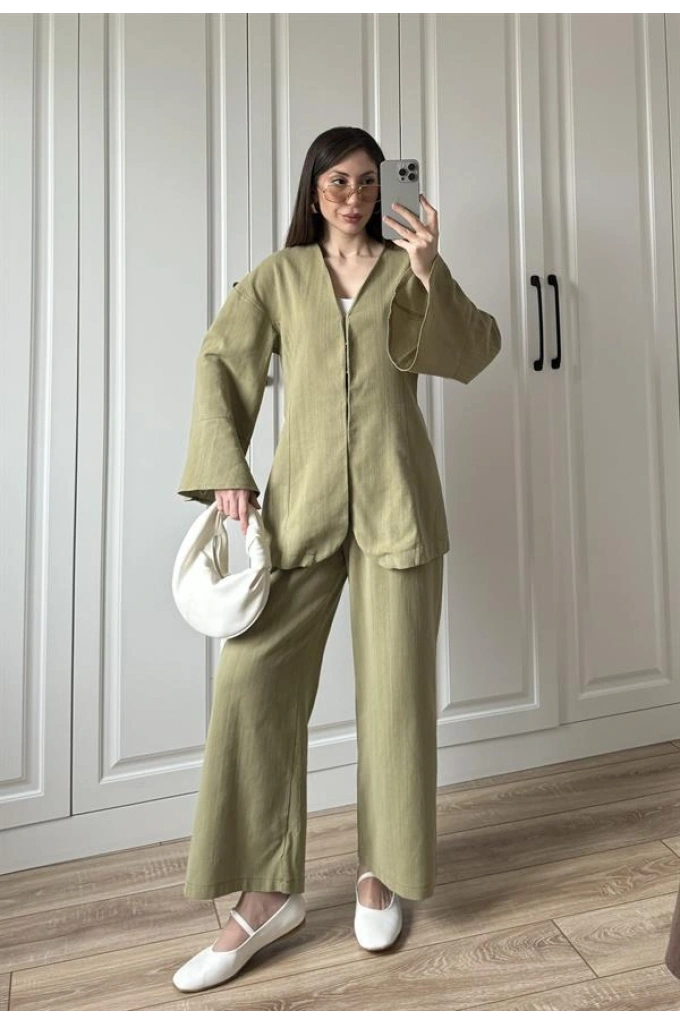 Kancalı Premium Nude Yeşili Keten Takım