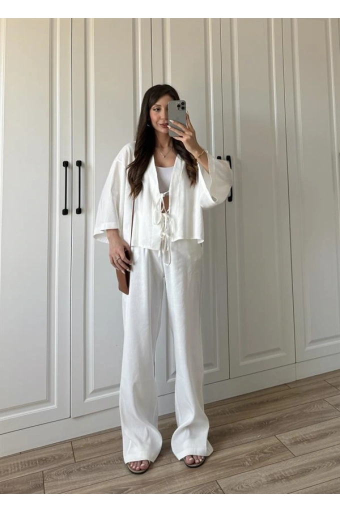 Kati Önü Bağcıklı Keten Beyaz Takım