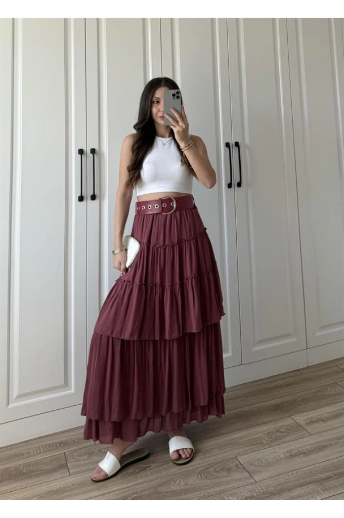 Katlı Boho Vual Kemerli Bordo Etek