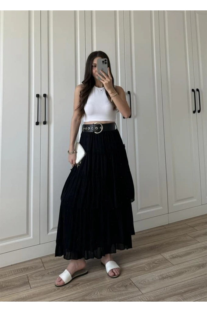 Katlı Boho Vual Kemerli Siyah Etek