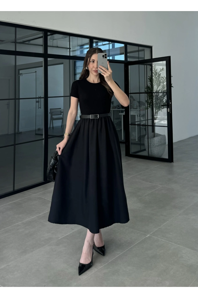 Kemerli Basic Siyah Elbise