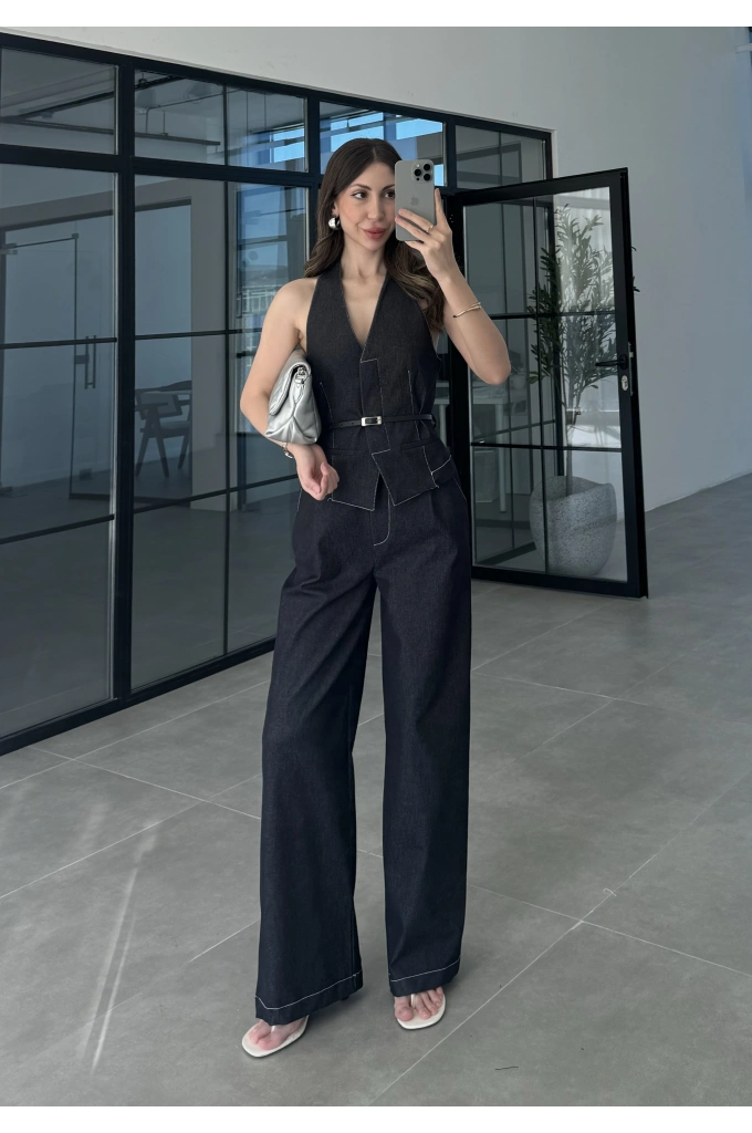 Kemerli Denim Mavisi Yelek Takım