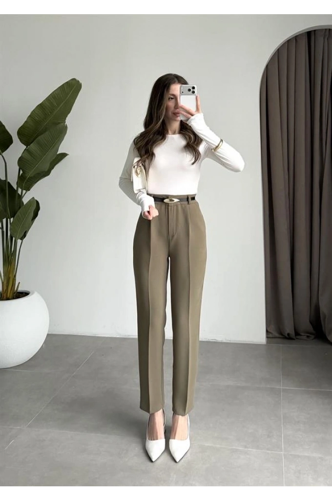 Kemerli Haki Kalem Kumaş Pantolon
