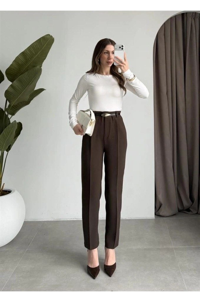 Kemerli Kahve Kalem Kumaş Pantolon
