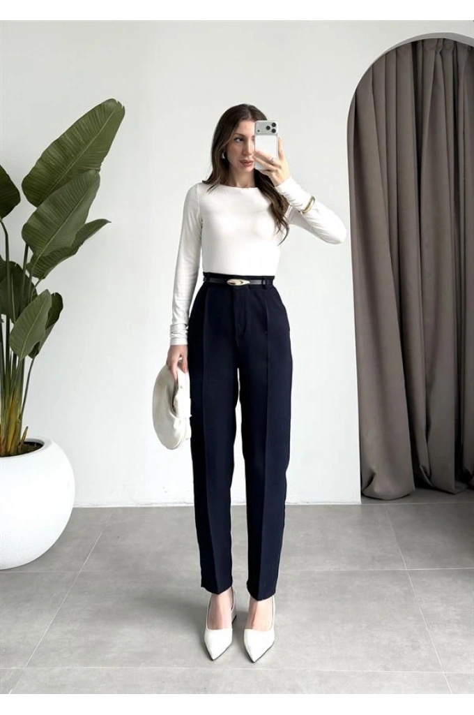 Kemerli Lacivert Kalem Kumaş Pantolon