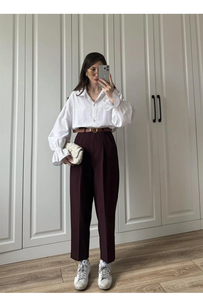 Kemerli Mürdüm Havuç Kumaş Pantolon