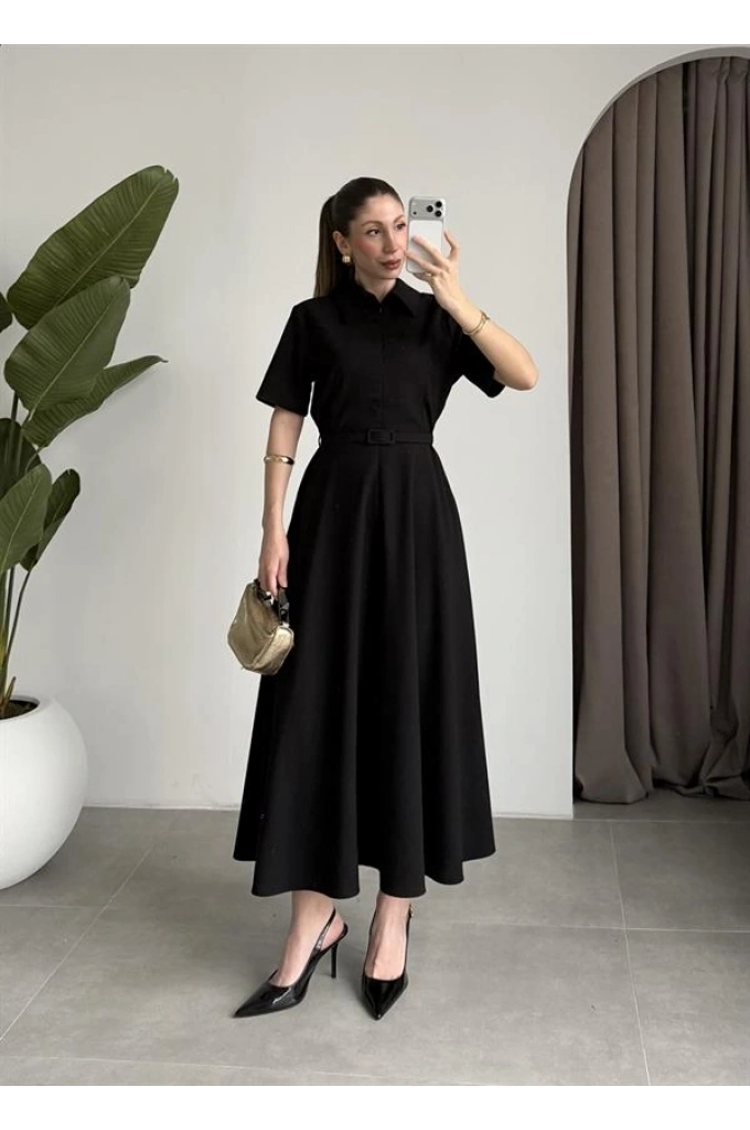 Kemerli Önü Fermuarlı Premium Siyah Elbise