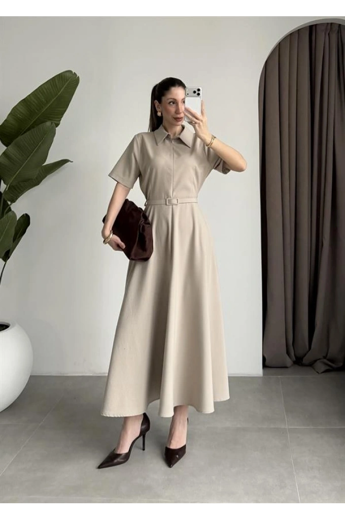 Kemerli Önü Fermuarlı Premium Taş Elbise