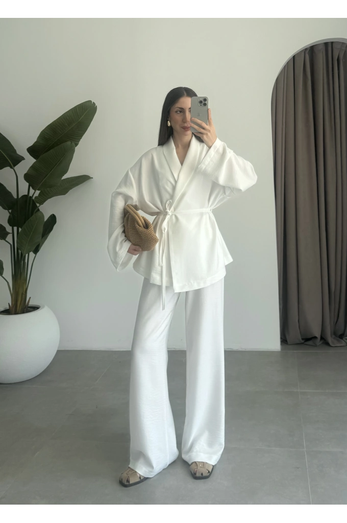 Keten Aerobin Beyaz Kimono Takım
