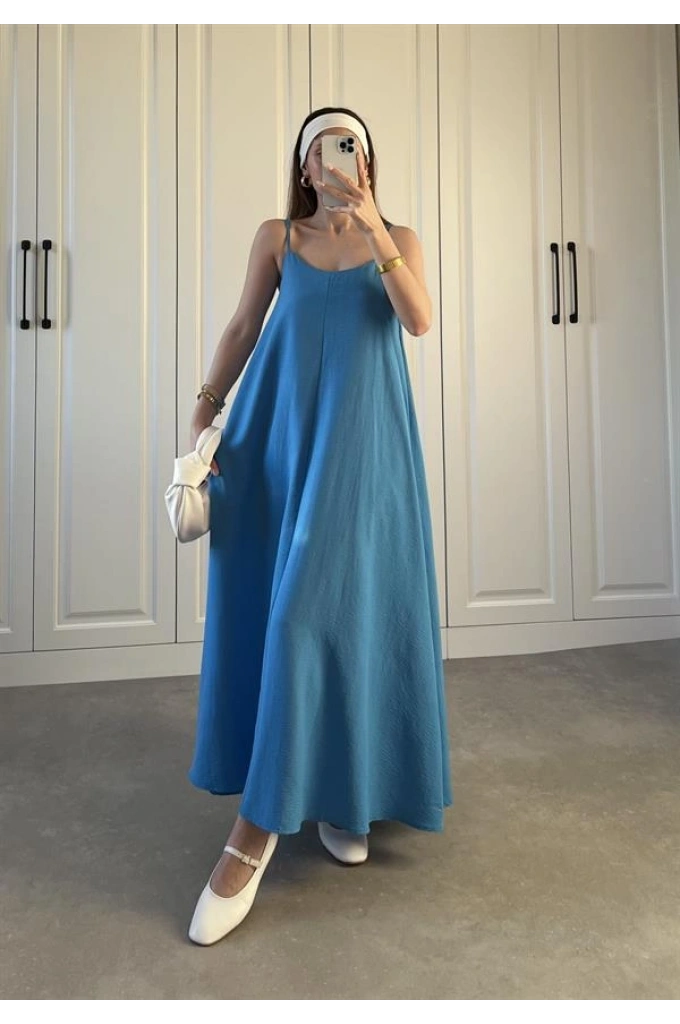 Keten Aerobin Mavi Askılı Elbise