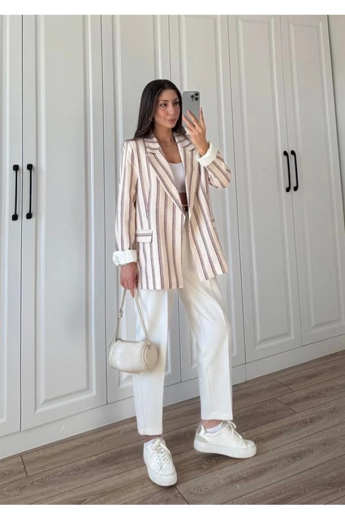 Keten Astarlı Bordo Çizgili Blazer Ceket