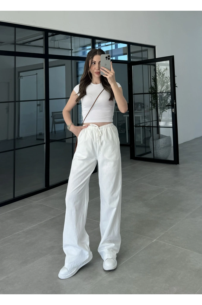 Keten Beli Lastikli Ekru Pantolon