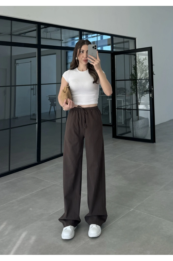 Keten Beli Lastikli Kahve Pantolon
