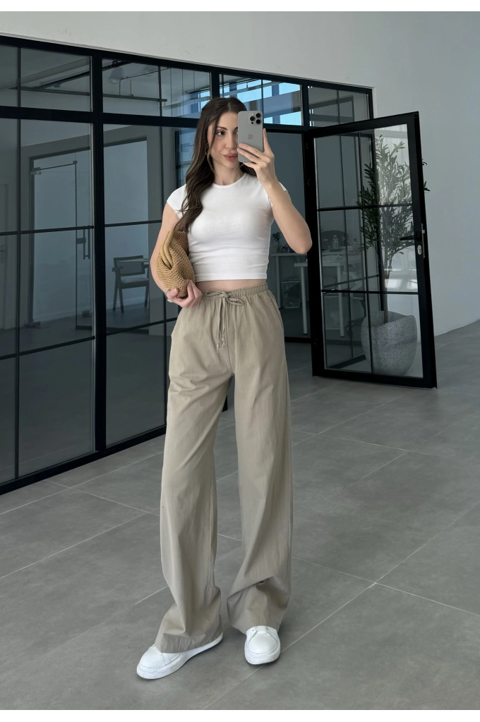 Keten Beli Lastikli Vizon Pantolon