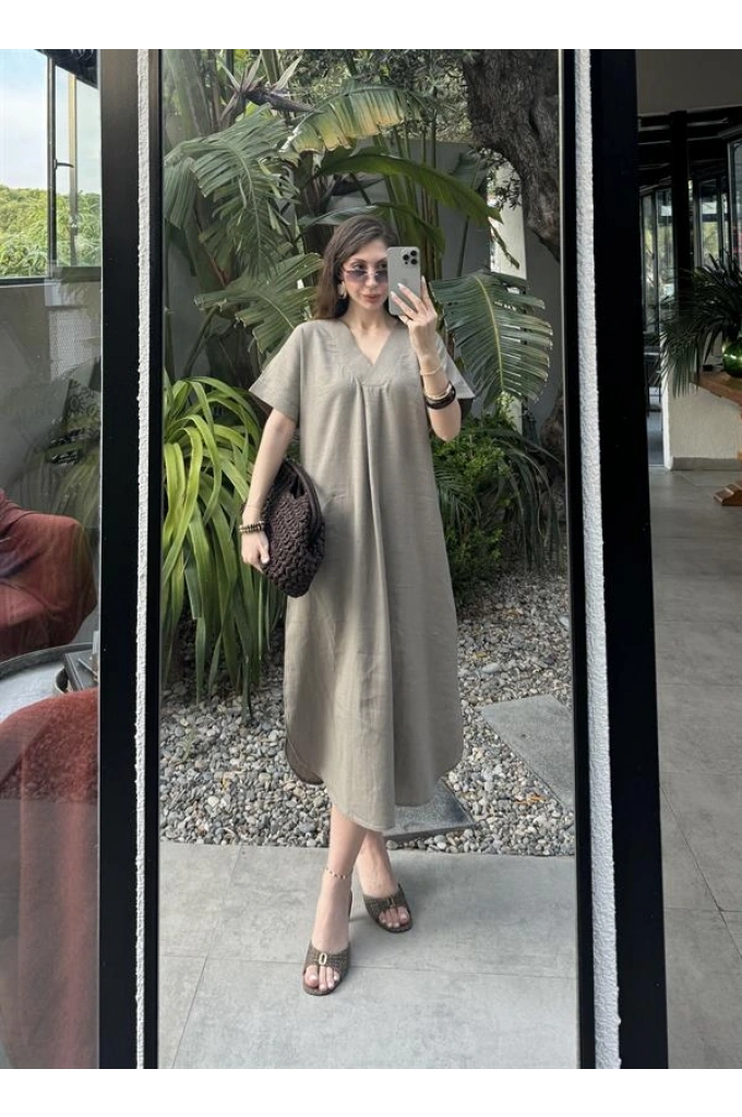 Keten V Yaka Basic Haki Elbise