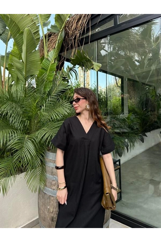 Keten V Yaka Basic Siyah Elbise