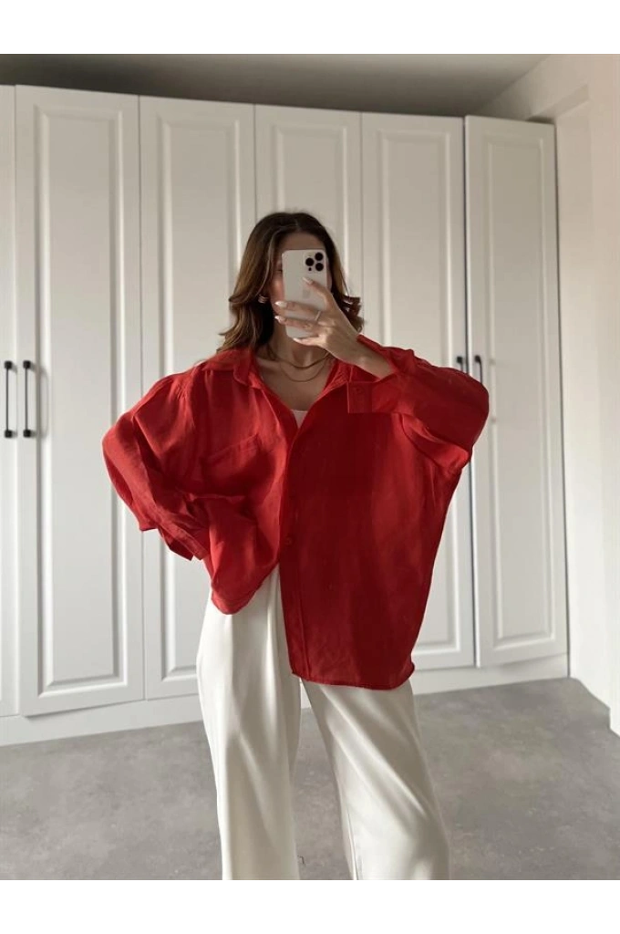 Kırmızı Oversize Tensel Gömlek
