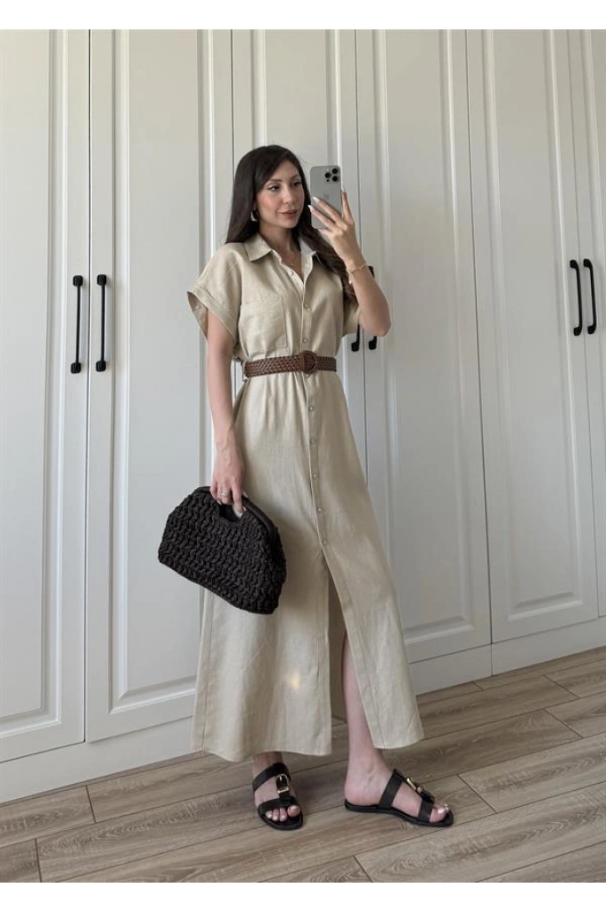 Kısakollu Kemerli Taş Keten Gömlek Elbise
