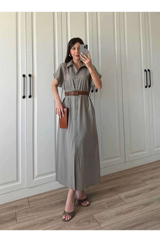 Kısakollu Kemerli Vizon Keten Gömlek Elbise