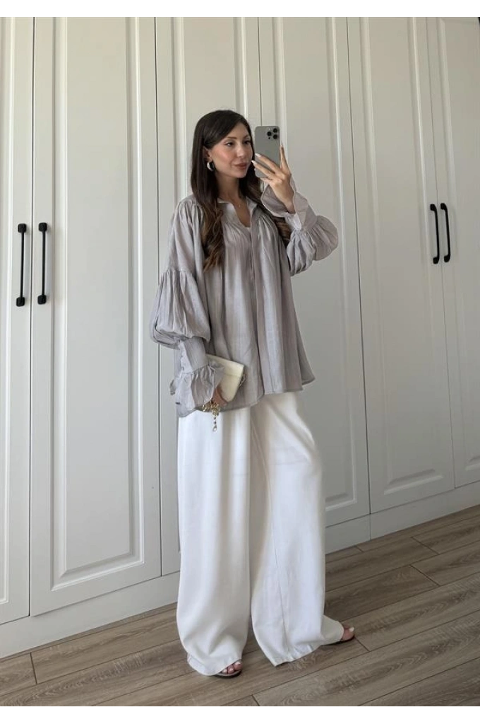 Kolları Volanlı Pinterest Viral Gri  Gömlek