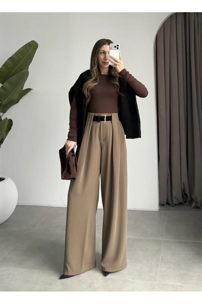 Köprü Detay Kemerli Haki Palazzo Pantolon