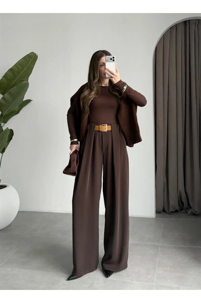 Köprü Detay Kemerli Kahve Palazzo Pantolon