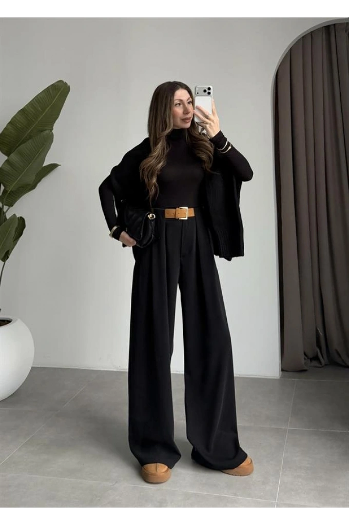 Köprü Detay Kemerli Siyah Palazzo Pantolon