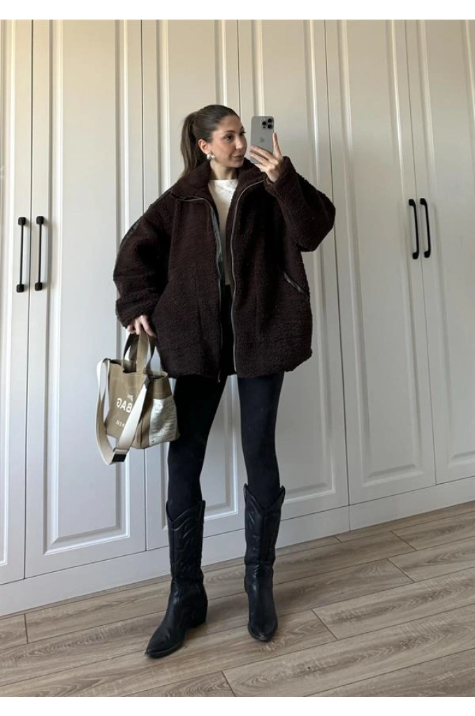 Koza Oversize Astarlı Premium Kahve Peluş Ceket