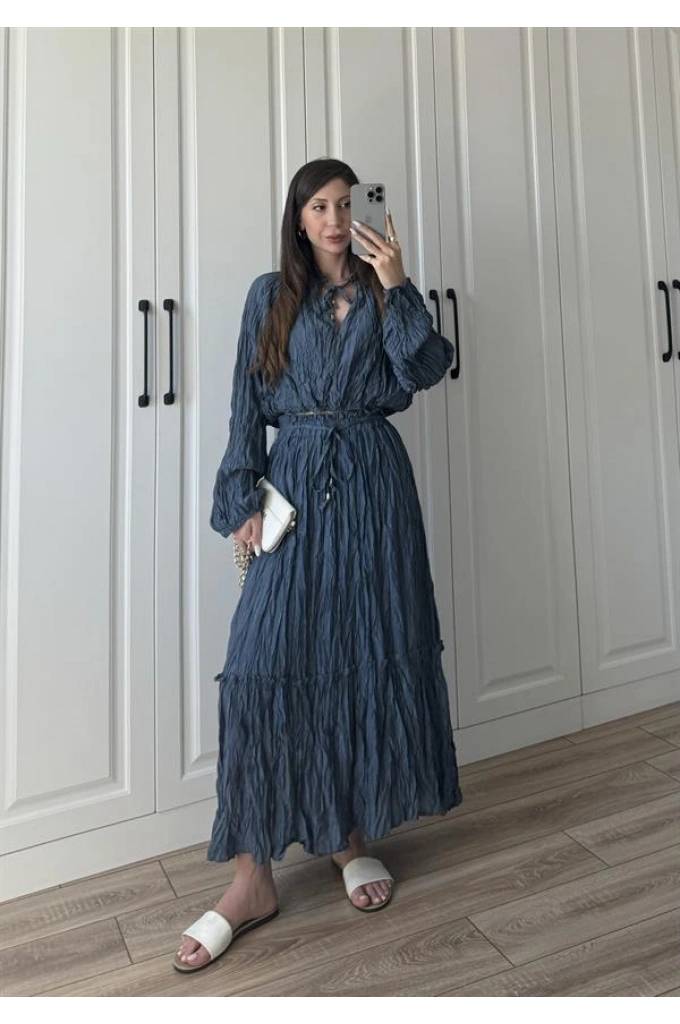 Kraş Kumaş İndigo Etekli Takım