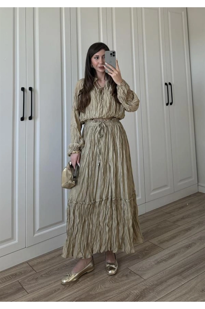 Kraş Kumaş Nude Yeşili Etekli Takım