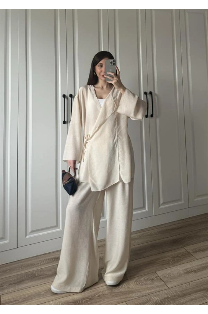 Krinkıl Yandan Bağlamalı Krem Kimono Takım