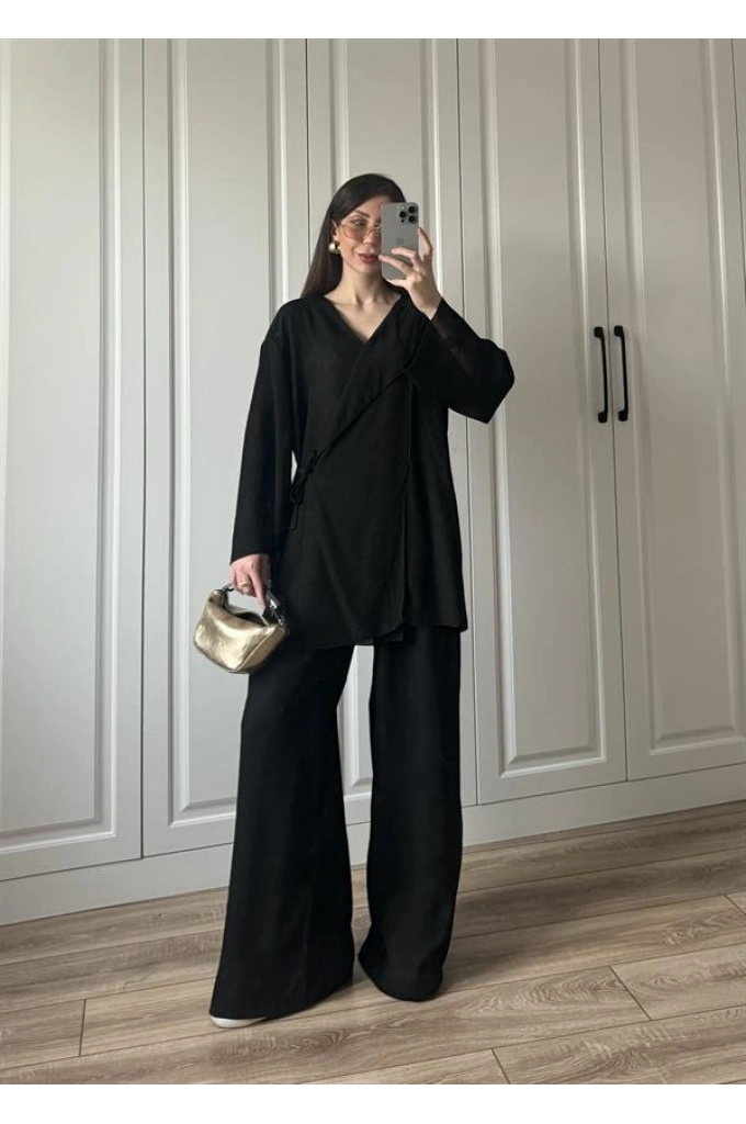 Krinkıl Yandan Bağlamalı Siyah Kimono Takım