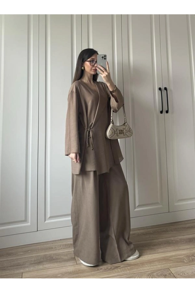 Krinkıl Yandan Bağlamalı Vizon Kimono Takım