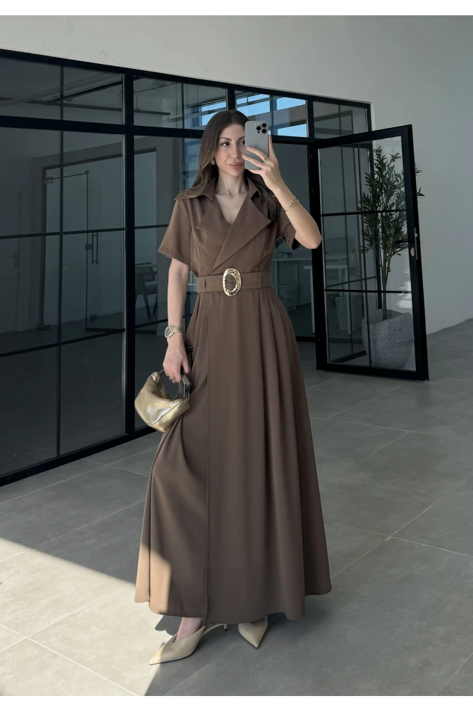 Kruvaze Model Tokalı Haki Uzun Elbise
