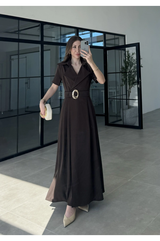 Kruvaze Model Tokalı Kahve Uzun Elbise