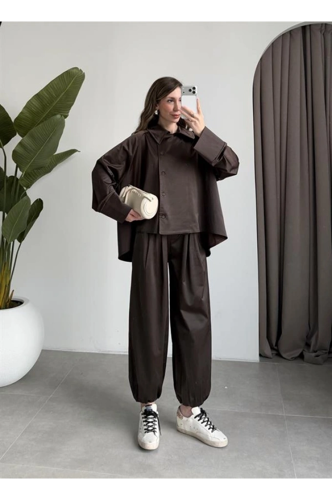 Kruvaze Pinterest Model Saten Dokulu Kahve Takım