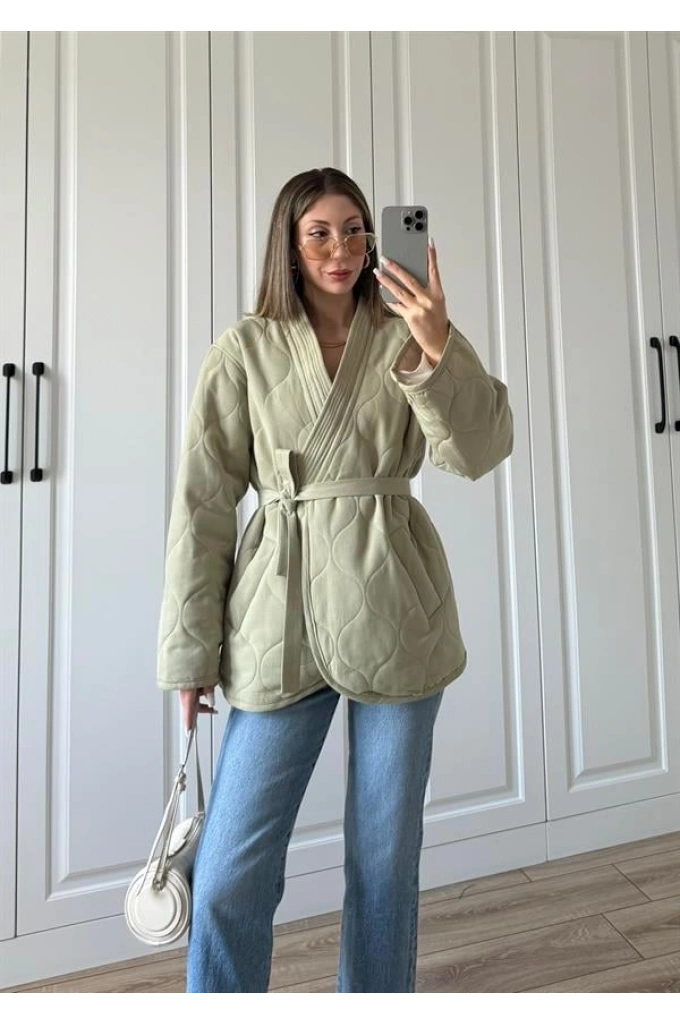 Kuşaklı Astarlı Haki Kapitone Ceket