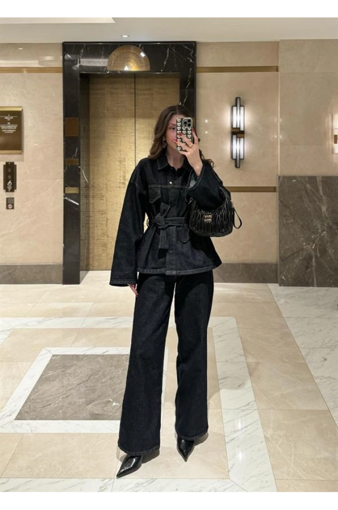 Kuşaklı Koyu Denim Takım