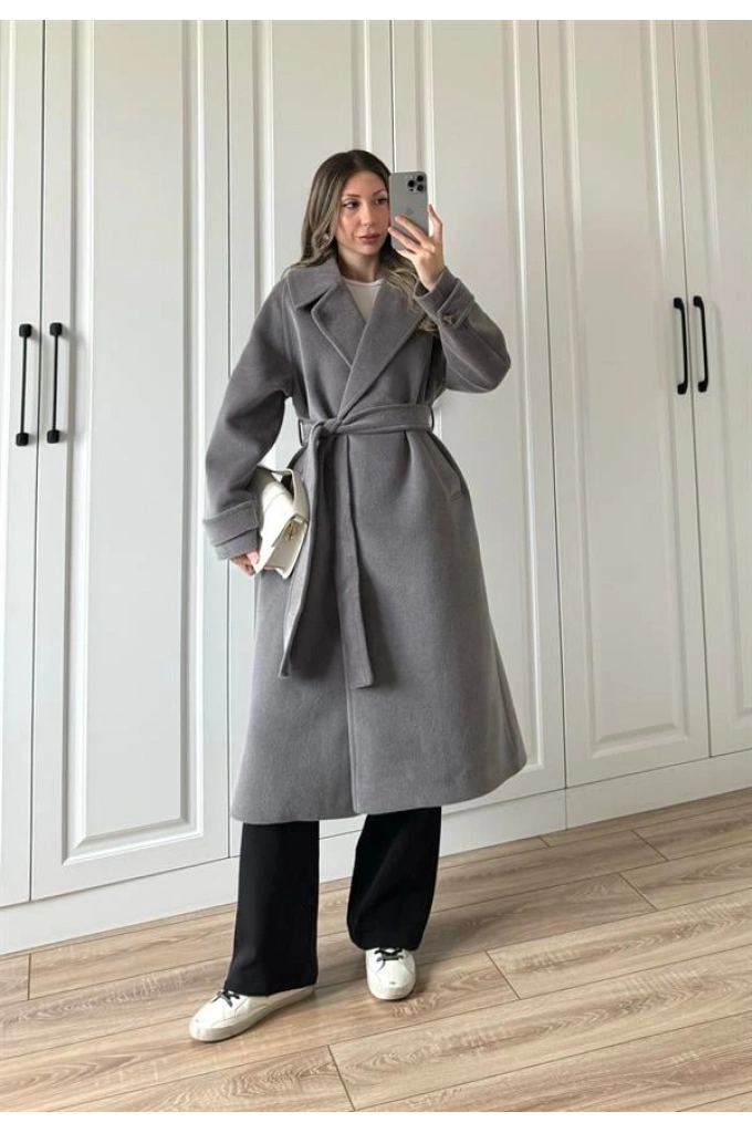 Kuşaklı Premium İthal Gri Yün Kaban