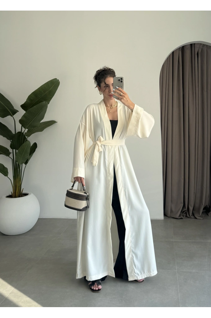 Kuşaklı Tam Boy Ekru Kimono