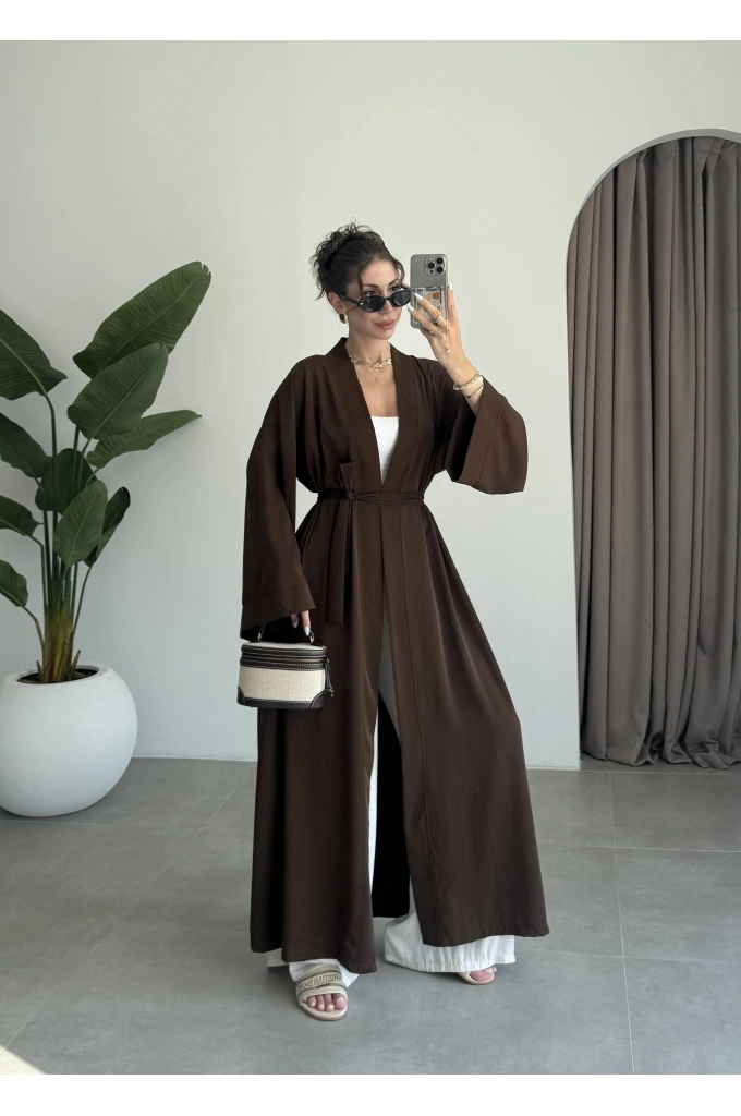 Kuşaklı Tam Boy Kahve Kimono