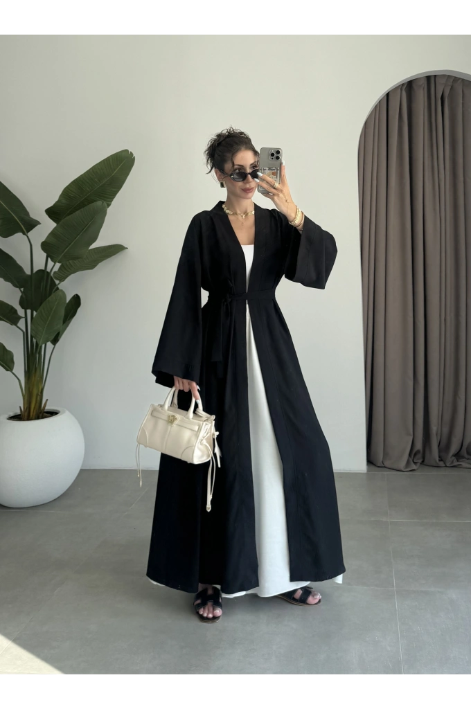 Kuşaklı Tam Boy Siyah Kimono