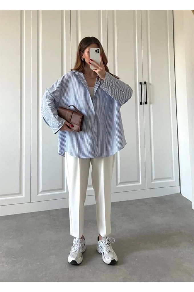 Lacivert Çizgili Kol Tasarım Poplin Gömlek