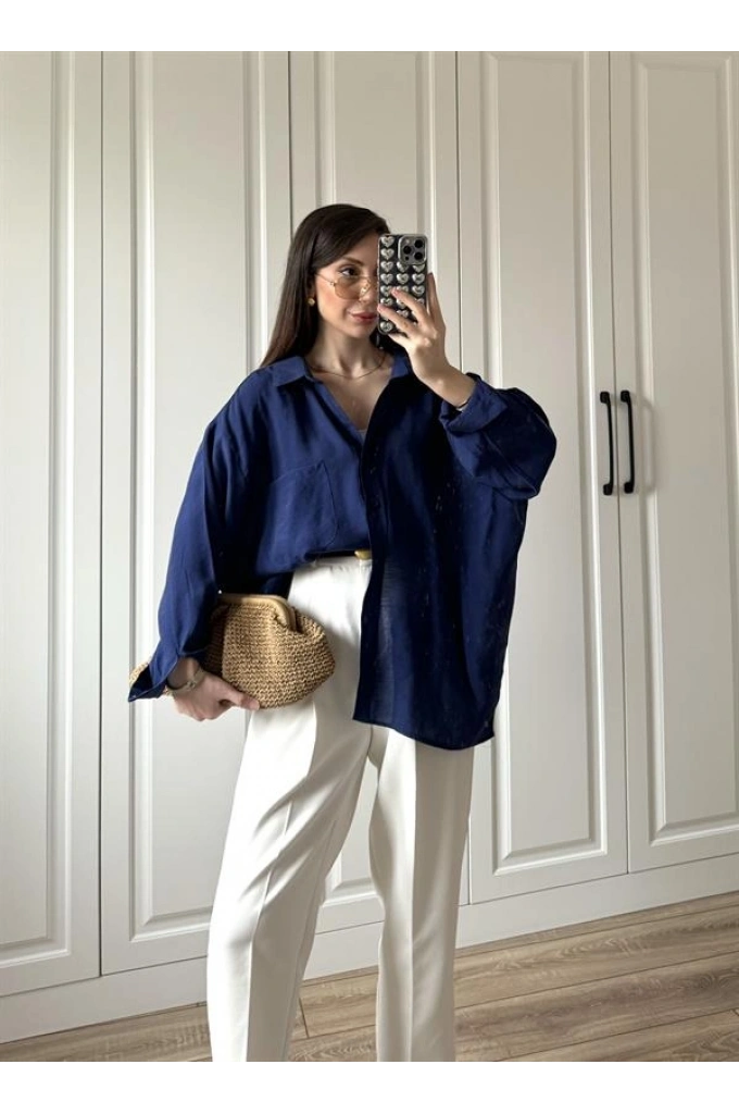 Lacivert Oversize Tensel Gömlek