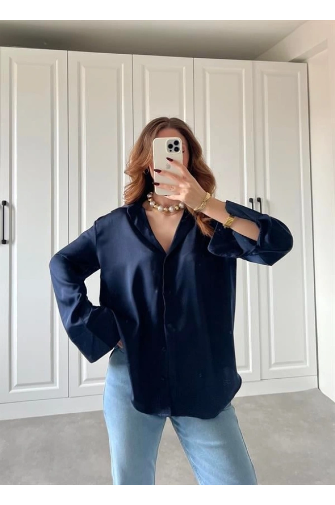 Lacivert Saten Gömlek