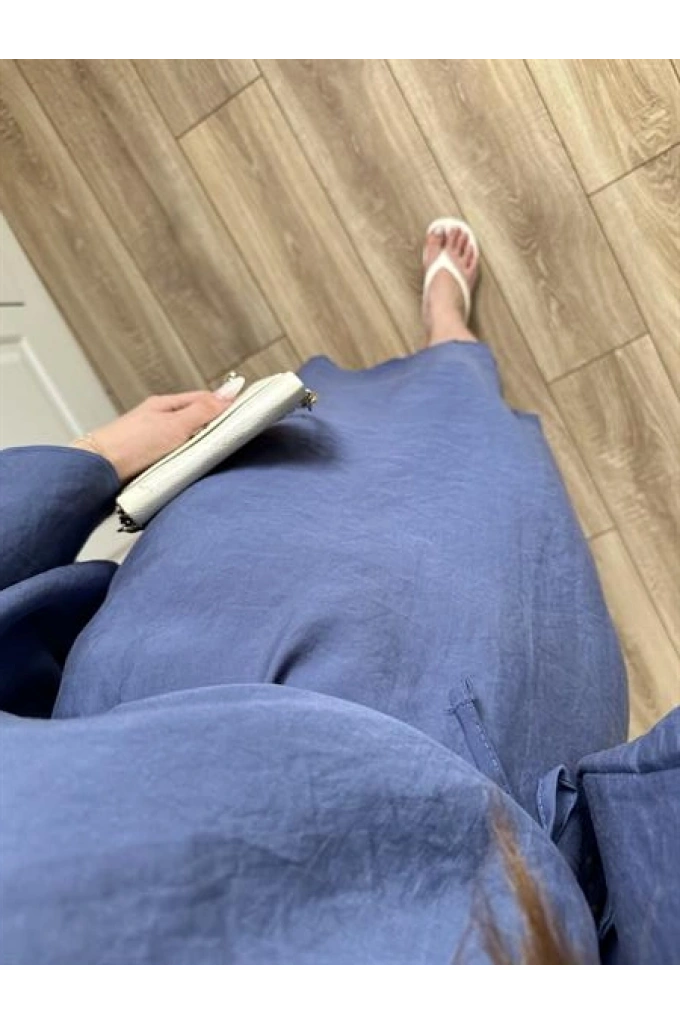 Laila Tensel Basic Kuşaklı İndigo  Elbise