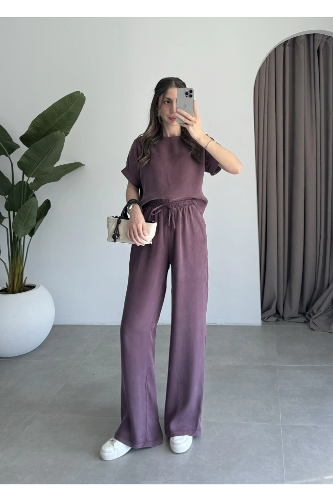 Lea Tensel Bordo Basic Bluz Takım