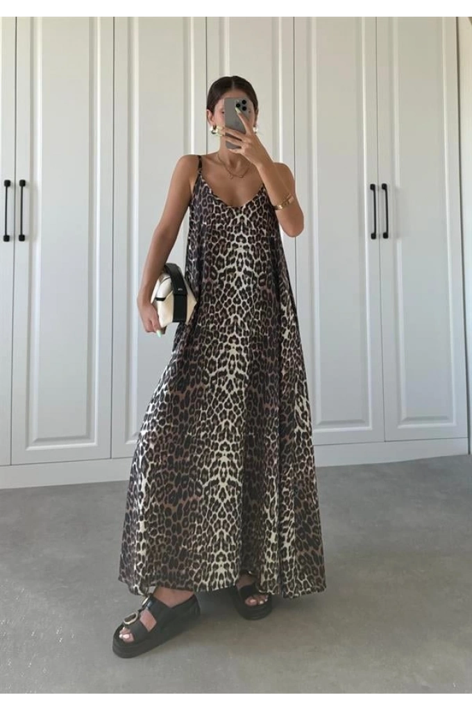Leopar Askılı Oversize Elbise