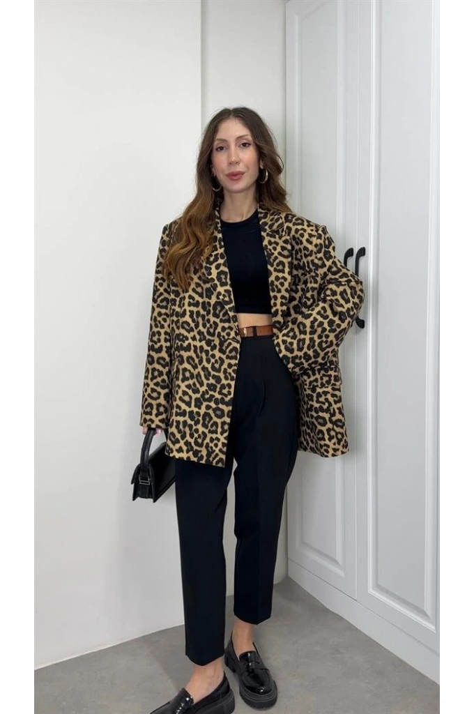 Leopar Astarlı Oversize Blazer Ceket